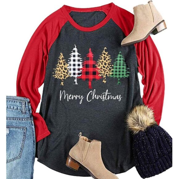 Tops - Plus Size Christmas T Shirt Women Xmas Leopard Plaid Trees Print Tees Casual Hol